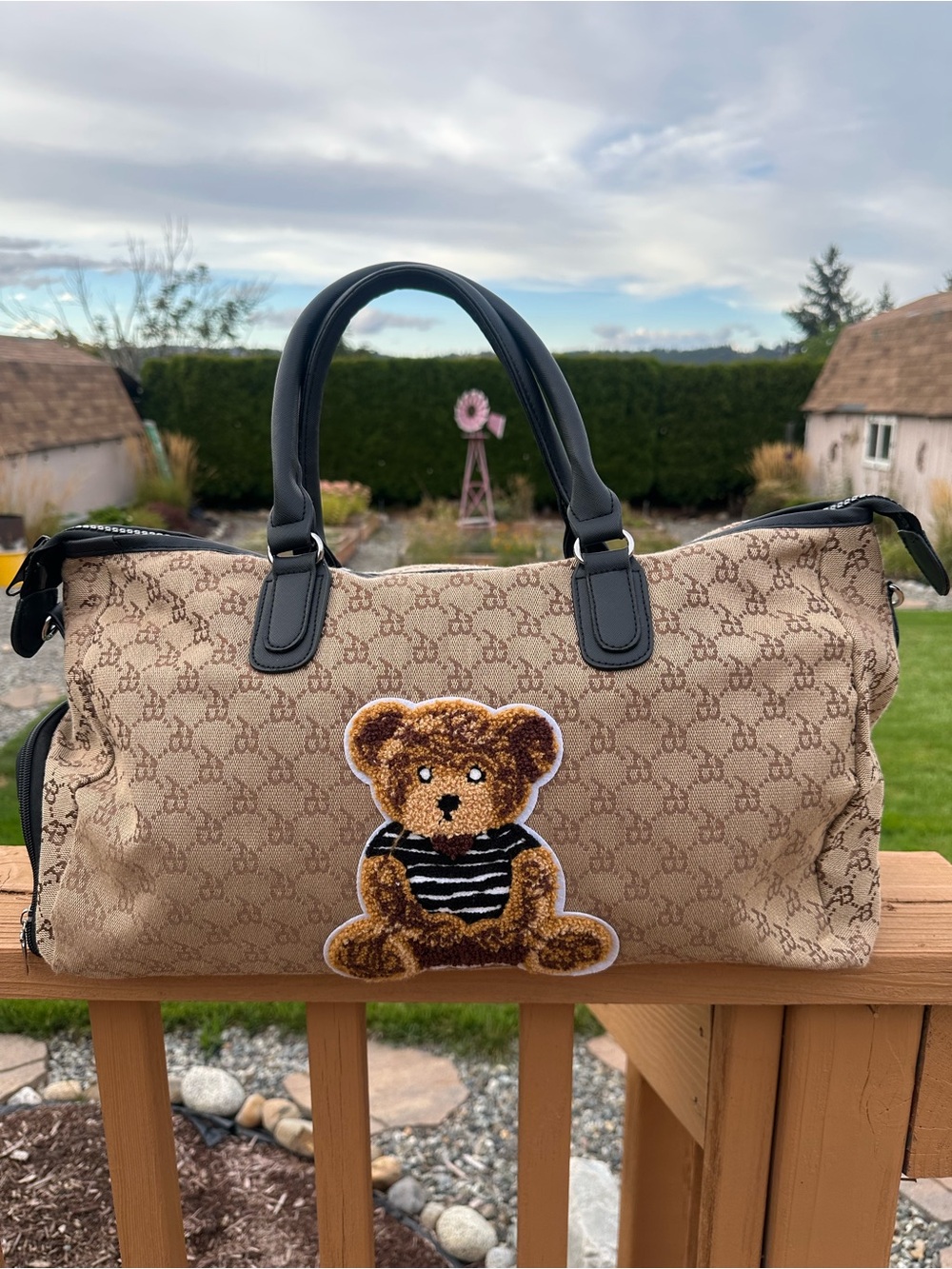 Cute Animal Embroidery Bear Handbag, Women Large Capacity Travel Tote Bag,